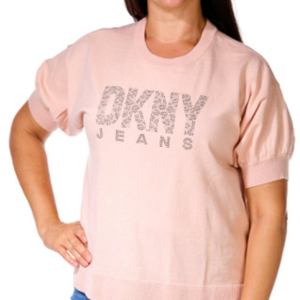 DKNY Short Sleeve Beaded Logo Sweater Top, SIZE MEDIUM, Pink